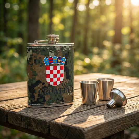Croatia Hip Flask Set – lifestyle fotografija na drvenoj podlozi u prirodi