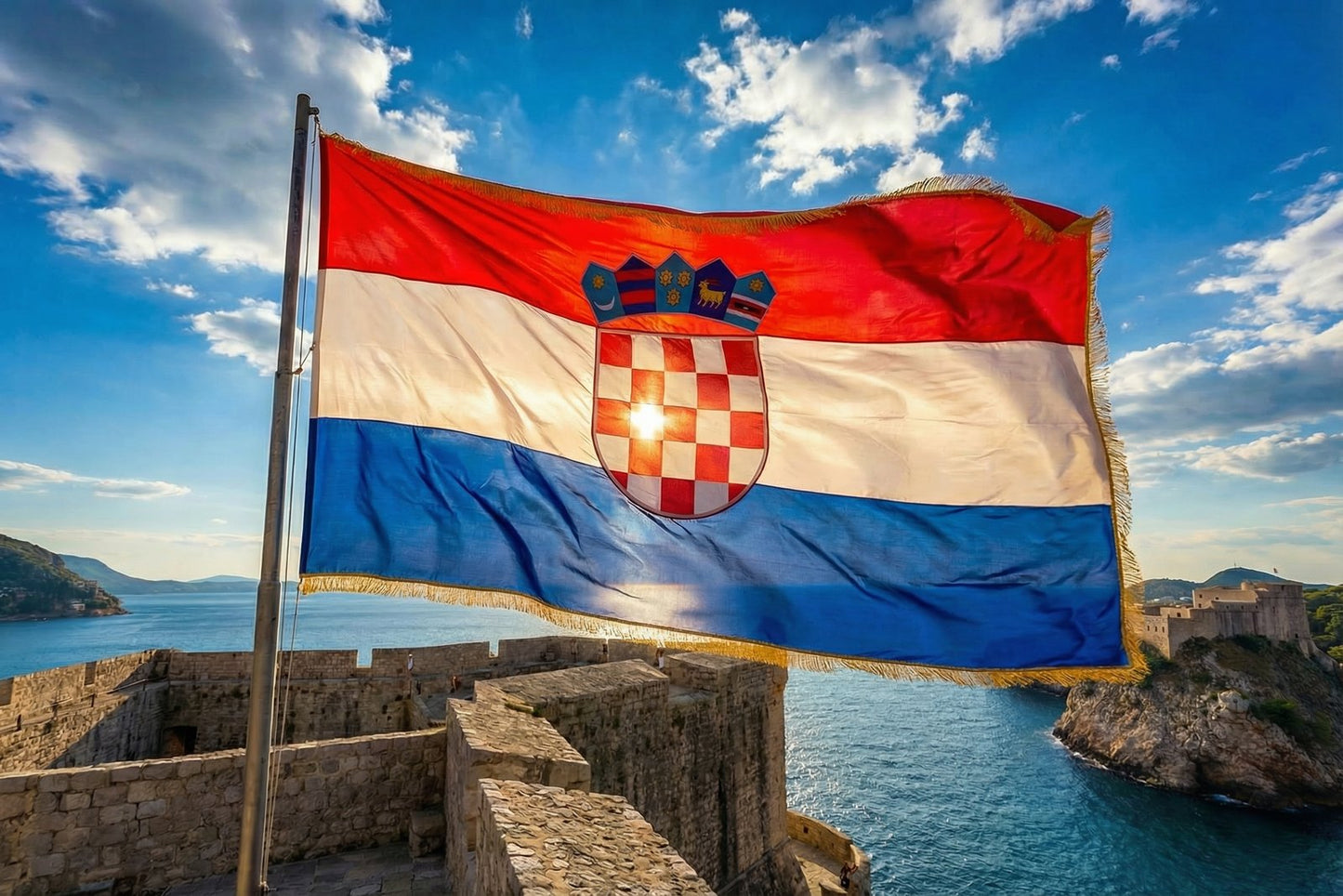 Hrvatska zastava s zlatnim resama na dalmatinskoj tvrđavi s pogledom na Jadran