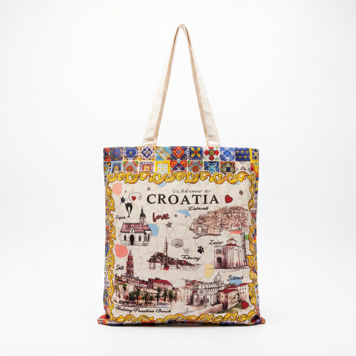 Welcome to Croatia Tile Tote Bag - Colorful Tile Border