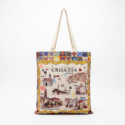 Welcome to Croatia Tile Tote Bag - Colorful Tile Border