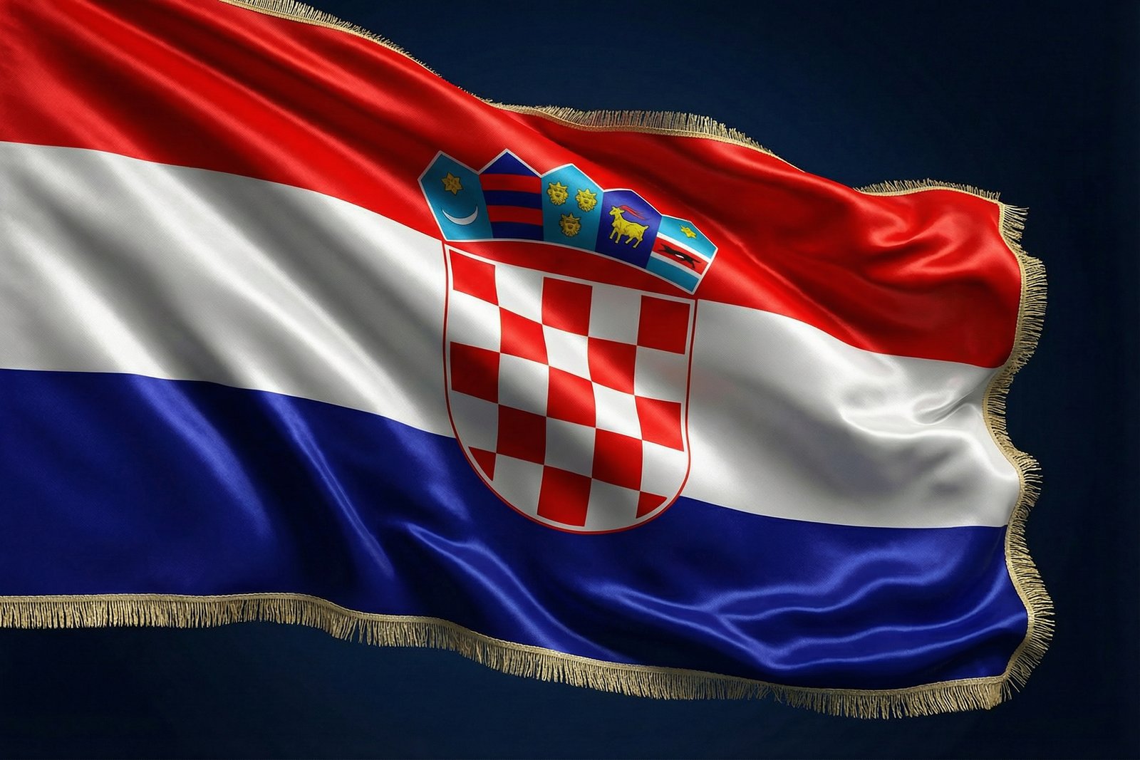 Hrvatska zastava s zlatnim resama 100% poliester – crvena bijela plava s grbom