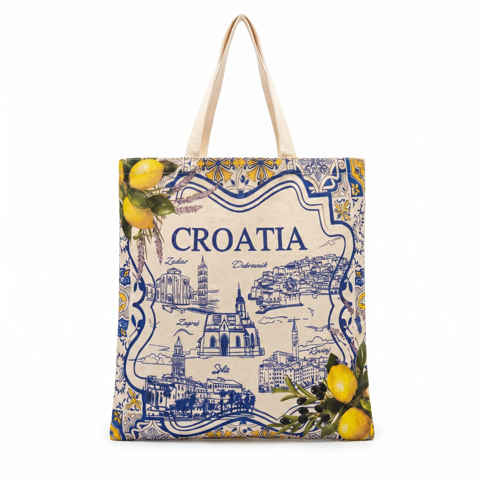 Croatia Lemon Map Tote Bag - Natural / Blue Print