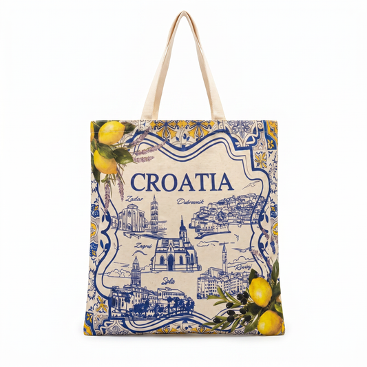 Croatia Lemon Map Tote Bag - Natural / Blue Print